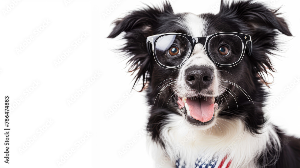 A dog wearing glasses is smiling and looking at the camera. The image has a playful and lighthearted mood, as the dog is wearing glasses and he is posing for a photo