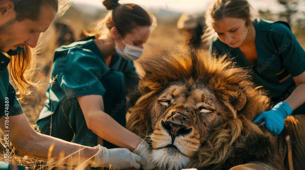 Conservation Effort: Lion Medical Examination in the Field. Generative AI