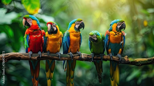 colorful parrots on a branch in the jungle. birds  and green background. Animal wallpaper © Ilmi