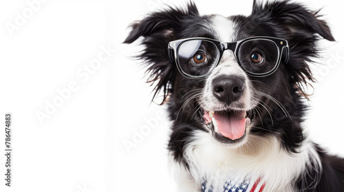 A dog wearing glasses is smiling and looking at the camera. The image has a playful and lighthearted mood, as the dog is wearing glasses and he is posing for a photo © Kowit