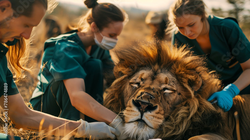 Conservation Effort: Lion Medical Examination in the Field. Generative AI photo