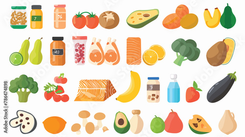 Chart of food icons and vitamin groups. Set of flat vector