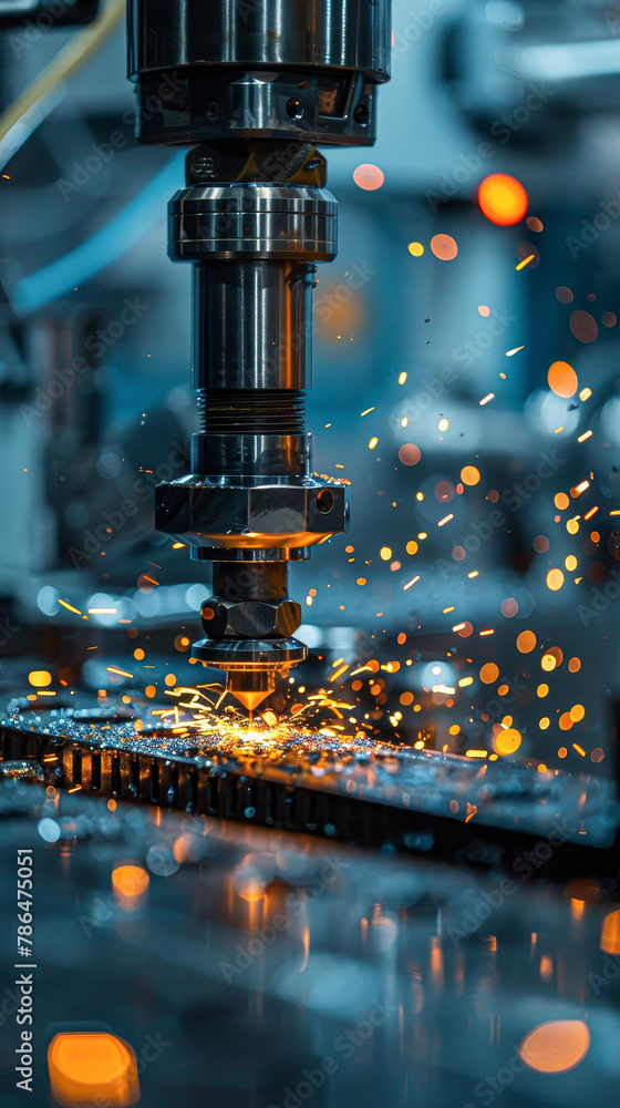 A machine is cutting metal with sparks flying. Concept of danger and excitement, as the sparks and noise suggest a high-energy, fast-paced environment A machine is cutting metal with sparks flying. Concept of danger and excitement, as the sparks and noise suggest a high-energy, fast-paced environment