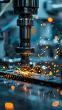 A machine is cutting metal with sparks flying. Concept of danger and excitement, as the sparks and noise suggest a high-energy, fast-paced environment