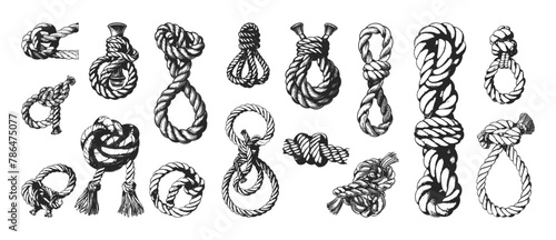 Rope knots ink sketch vector set. Marine cowboy tying loops cable isolated on white background © ONYXprj