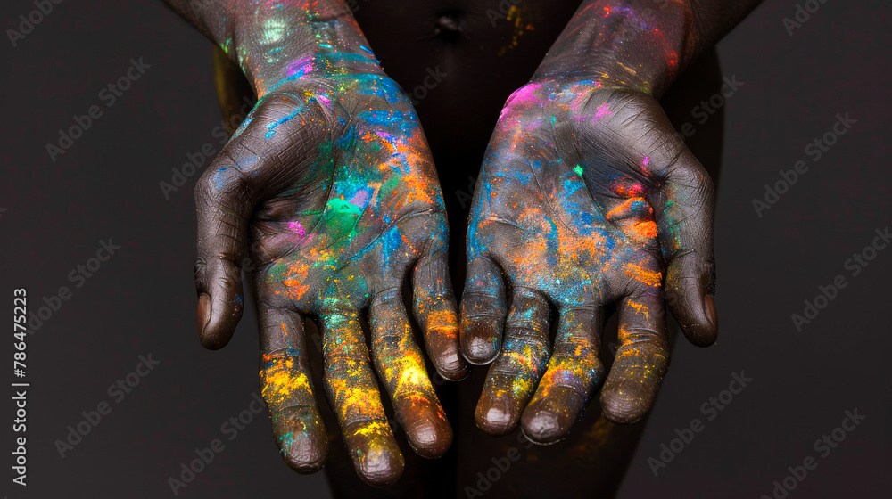 Naklejka premium Colorful Hands Depicting Pride Colors Against a Black Background 