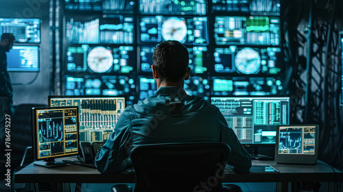 A man is sitting at a desk with several computer monitors in front of him. He is focused on the screens, possibly working on a project or analyzing data. The room is dimly lit