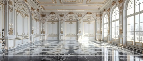 A breathtaking interior of an opulent palace, with ornate moldings, gilded accents, and a stunning checkered marble floor that creates a captivating visual display. photo