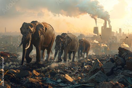 A group of elephants walking through a city with smoke in the background. The elephants are walking through a pile of rubble and debris. The scene is chaotic and unsettling
