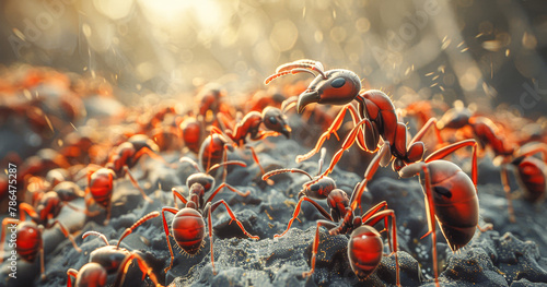 A group of red ants are crawling on a surface. Concept of chaos and disorder as the ants are scattered all over the ground © Kowit