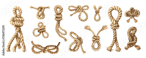 Rope nodes cartoon vector set. Cowboy marine tying loop knot illustration highlighted on white background