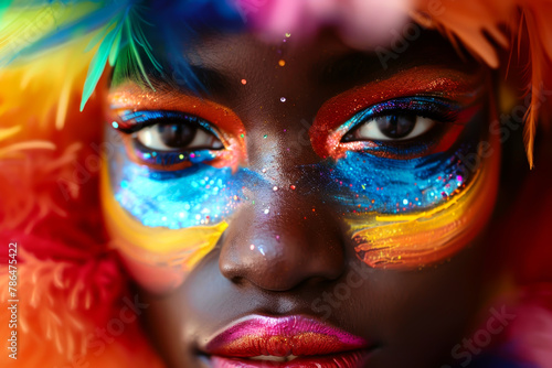 Exquisite close-up of a woman's face with LGBTQ pride-themed makeup, celebrating diversity and freedom