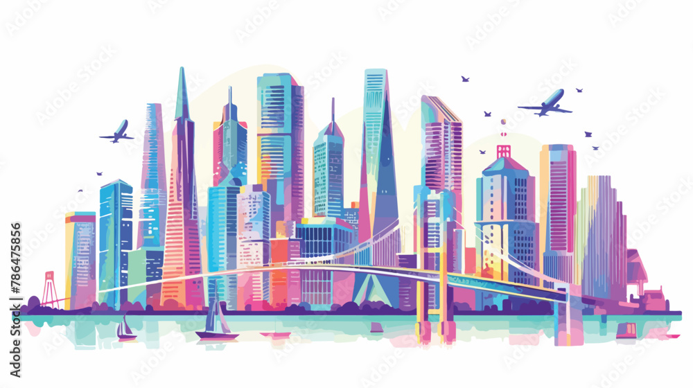 City bridge landscape vector illustration. Cartoon flat vector
