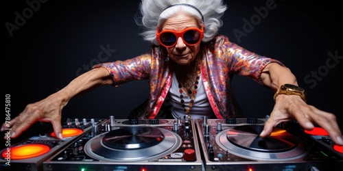 Senior female DJ expertly blending tracks standing up.