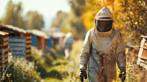 An outdoor scene of a farmer inspecting bee hives in a beekeeping farm, wearing protective gear.  photo