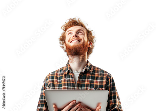 Redhead Man with Tablet Smiling