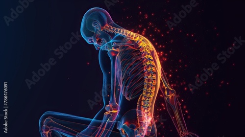 A 3D rendering of a human body with its spine highlighted in red and orange. The spine is surrounded by a cloud of glowing particles.
