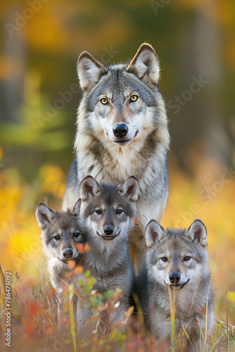 Lobo cinzento e seus filhotes na natureza - Papel de parede
