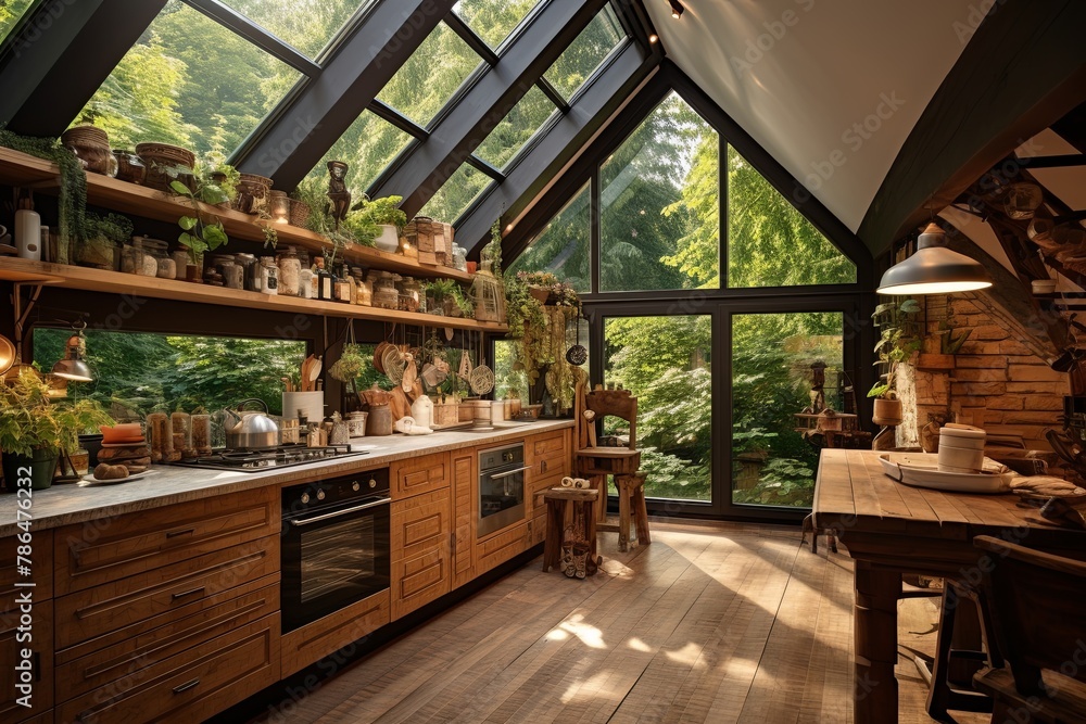 Interior of a kitchen on attic floor with large windows