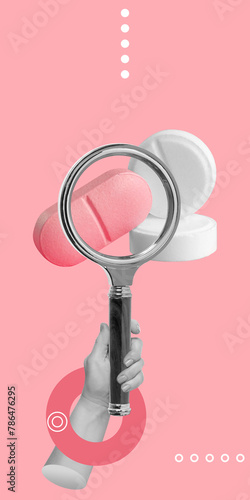 Search for contraceptives, medicines, hormones, vitamins, dietary supplements for women's health. Hand with magnifying glass, white and pink pills on pink background. Vertical minimalist art collage