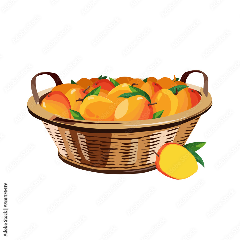 Wicker basket full of juicy yellow mangoes on white background. Isolated vector fruit in flat design Wicker basket full of juicy yellow mangoes on white background. Isolated vector fruit in flat design
