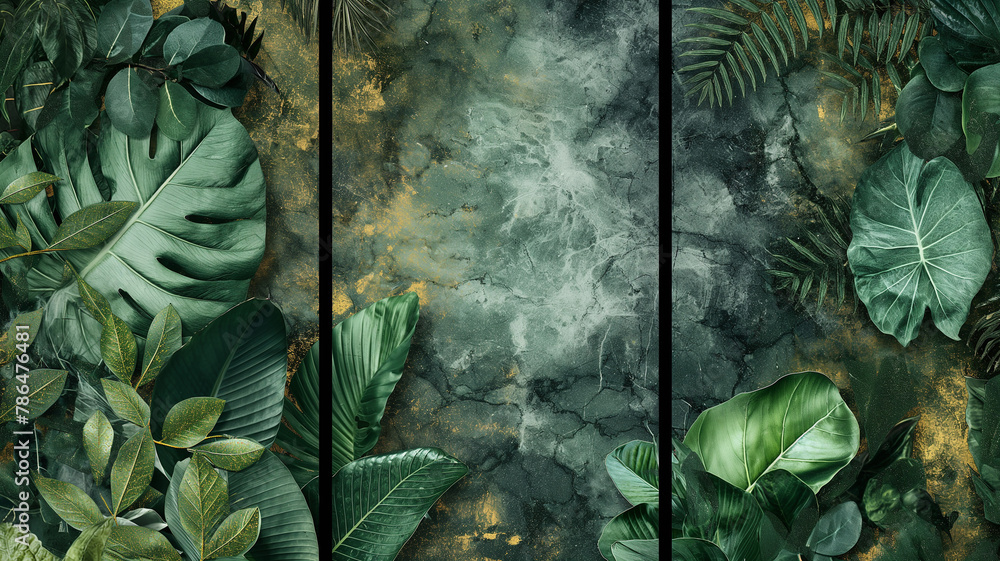 Fototapeta premium 3-section wall painting prepared for room decoration, usable design for marble design. Examples of paintings for architectural interior design. Plants pattern.