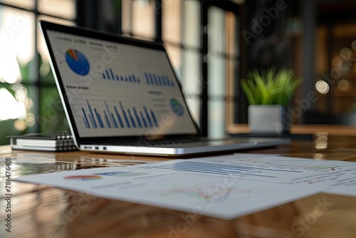 Documents showing metrics on desk with laptop in office