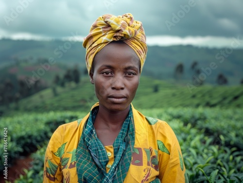 tea picker from Rwanda against the backdrop of tea plantations photo