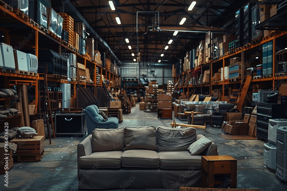 Warehouse full of furniture and appliances
