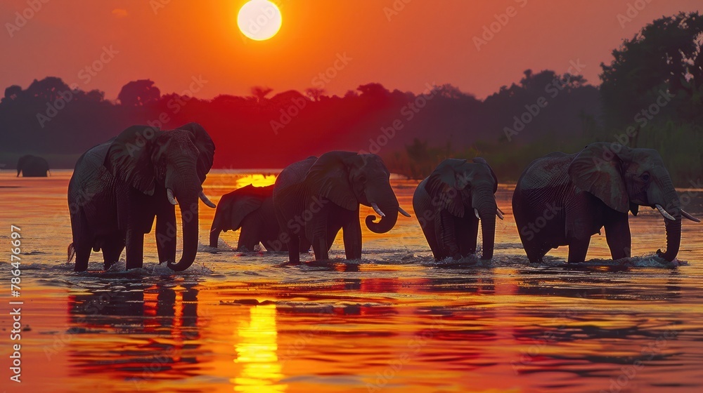 Obraz premium Elephant walking in the water at sunset. Elephant background. african wildlife. safari adventure