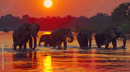 Elephant walking in the water at sunset. Elephant background. african wildlife. safari adventure