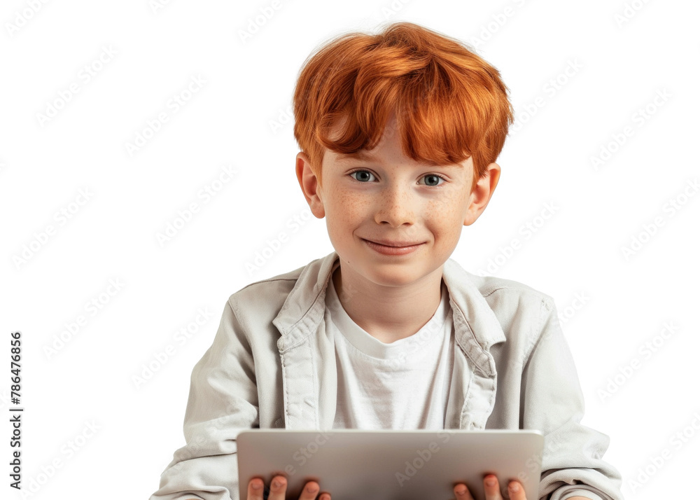Redhead Boy with Laptop on Transparent Background Redhead Boy with Laptop on Transparent Background