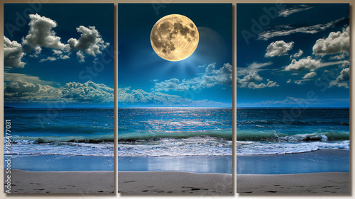 3-section wall painting prepared for room decoration and compositions, usable design for marble design. Examples of paintings for architectural interior design. Beach and moon pattern. Summer concept photo