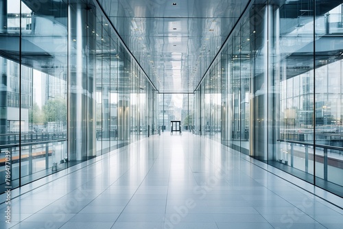 Modern office building corridor with glass walls