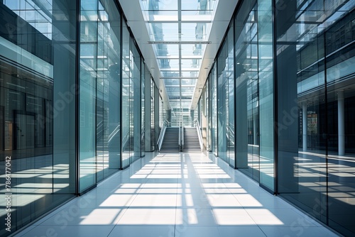 Modern office building corridor with glass walls