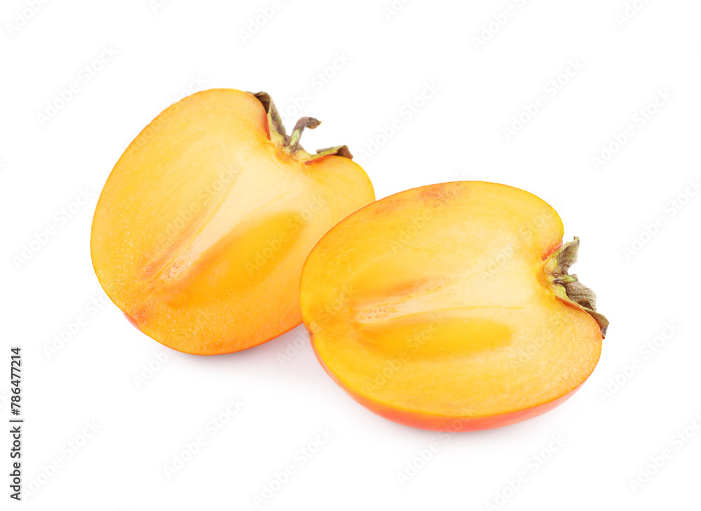 Pieces of fresh persimmon fruit isolated on white