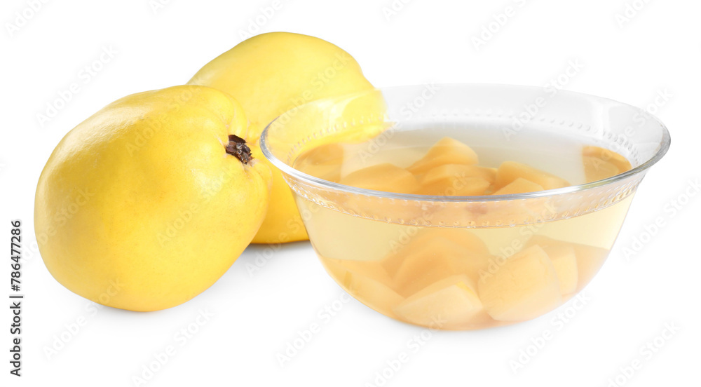 Delicious quince drink in glass bowl and fresh fruits isolated on white Delicious quince drink in glass bowl and fresh fruits isolated on white