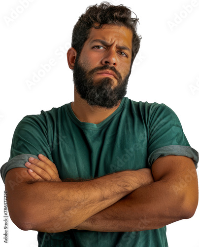 Hispanic man with beard showing a sad and worried expression cut out png on transparent background