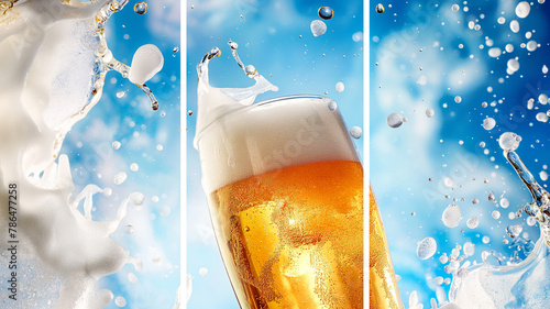 3-section wall painting prepared for room decoration and compositions, usable design for marble design. Examples of paintings for architectural interior design. Sparkling beer  glasses pattern.