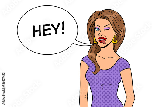 Stylish beauty young woman winks and shows tongue pop art retro PNG illustration. Text bubble. Comic book style imitation.