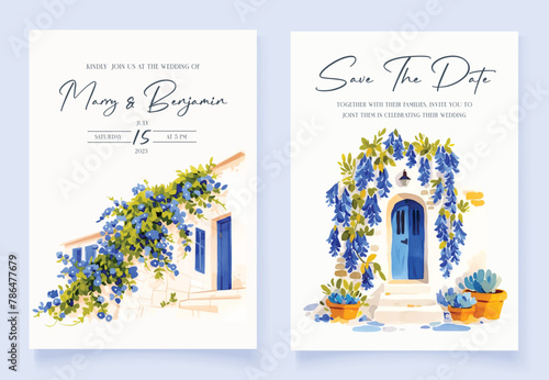 Wedding invitation with hand drawn watercolor spring blue flowers background
