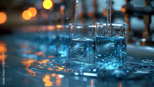 Electric blue liquid is being poured into two drinkware glasses on a table in the city. The event involves drinking water photo
