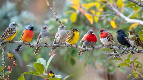 A group of colorful birds sitting on a branch. photo