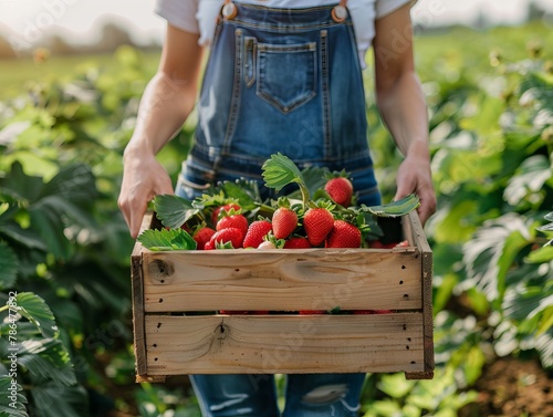 Woman holding a wooden crate with strawberries in the field.