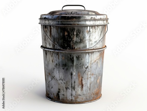 A metal trash can with lid on white background. photo