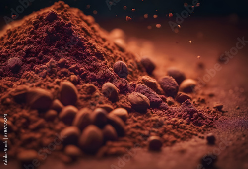 Close-up of rich cocoa powder with chocolate chunks and cocoa beans scattered on a surface, creating a textured and indulgent scene. International Chocolate Day. photo