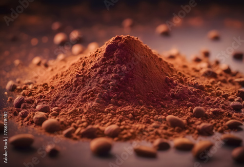 Close-up of a mound of cocoa powder surrounded by whole cocoa beans on a dark background, highlighting the texture and rich color. International Chocolate Day.