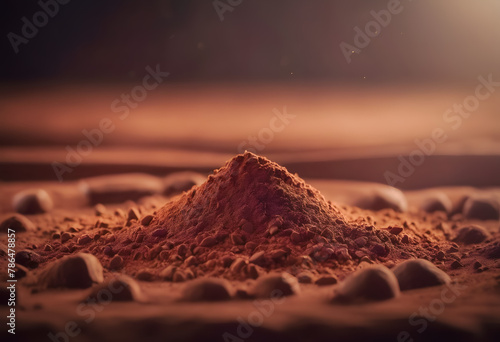 Close-up of rich cocoa powder with chocolate chunks and cocoa beans scattered on a surface, creating a textured and indulgent scene. International Chocolate Day. photo