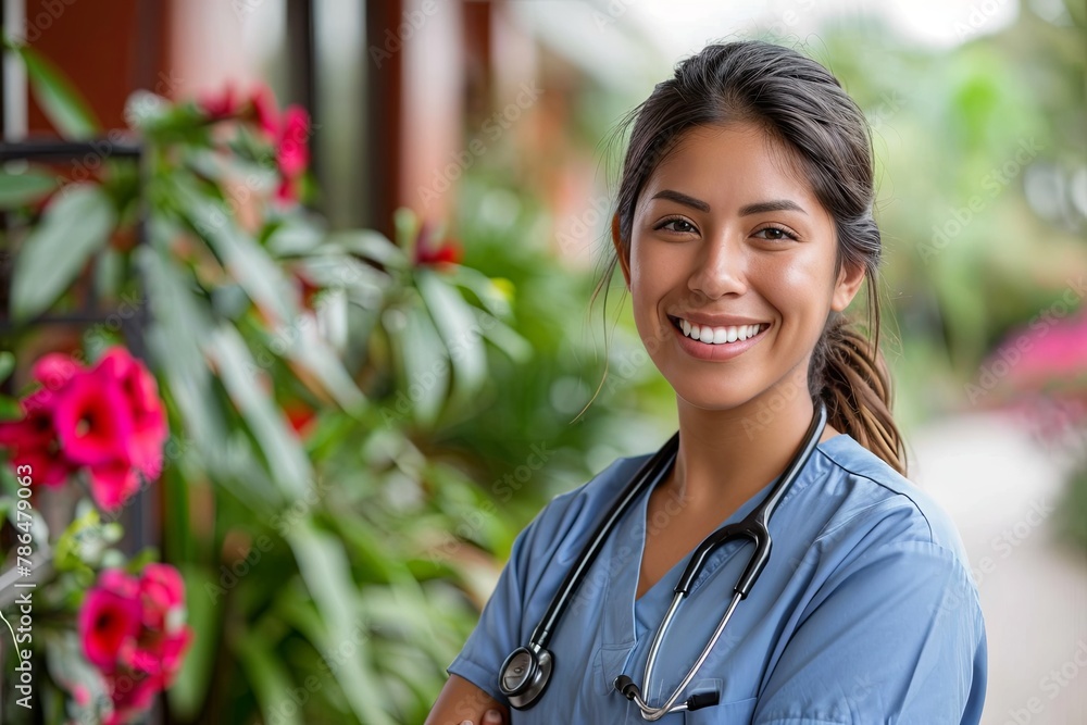 Portrait of a young hispanic nurse wearing scrubs in a nursing home Portrait of a young hispanic nurse wearing scrubs in a nursing home