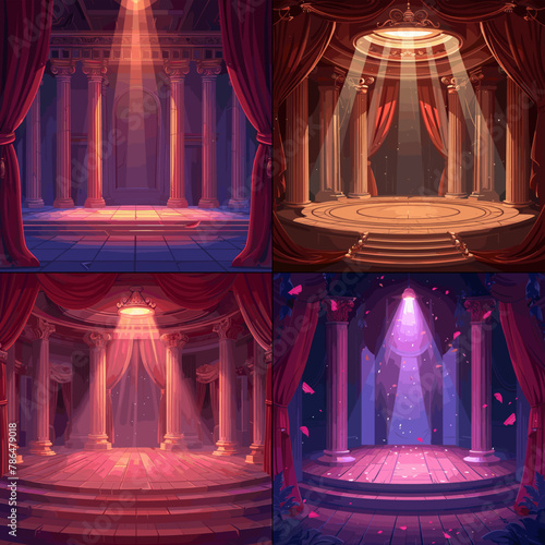 Theatrical scene cartoon concepts. Empty wooden stone columns capitals red velvet curtains spotlights interior bright vector illustrations